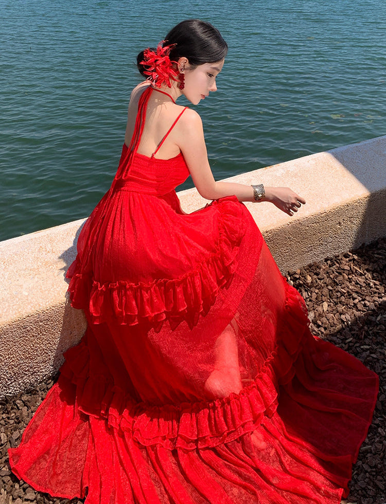 Red Tiered Ruffle Maxi Dress