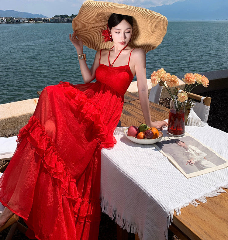 Red Tiered Ruffle Maxi Dress