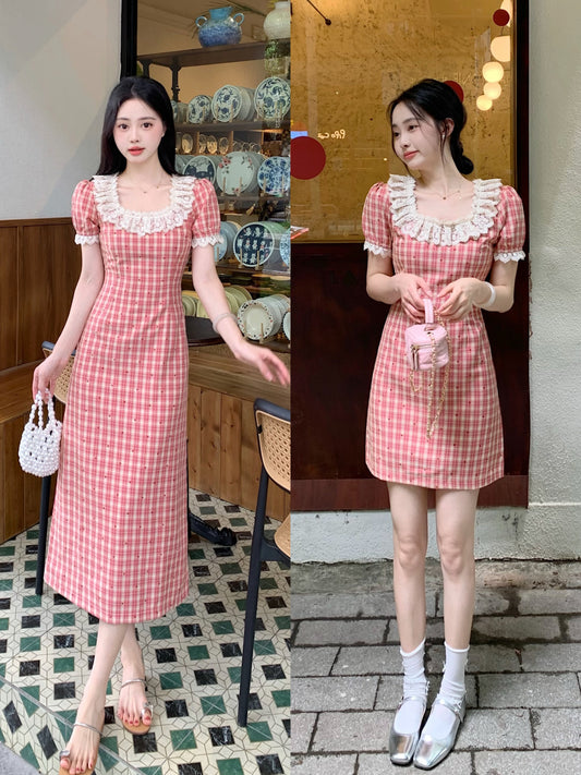 French Countryside Lace-Collar Gingham Dress