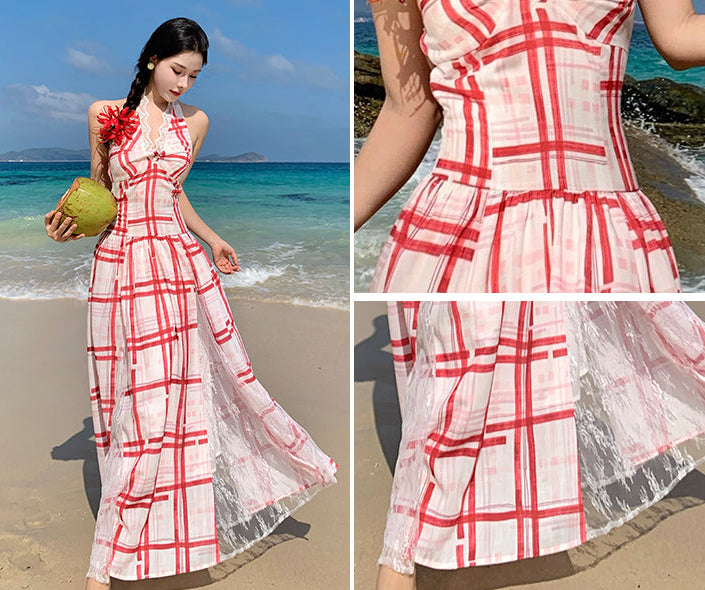 Red & White Plaid Halter Maxi Dress With Lace Panel
