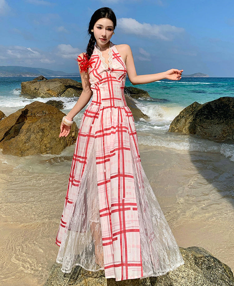 Red & White Plaid Halter Maxi Dress With Lace Panel