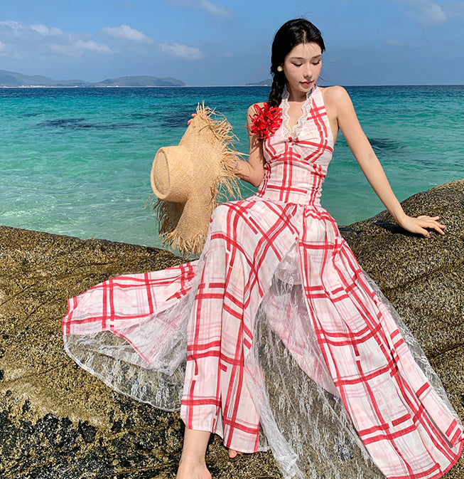 Red & White Plaid Halter Maxi Dress With Lace Panel