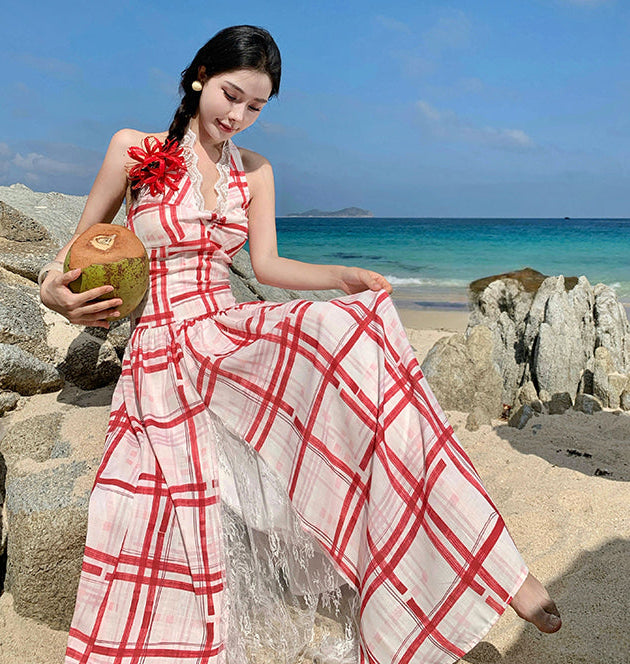 Red & White Plaid Halter Maxi Dress With Lace Panel