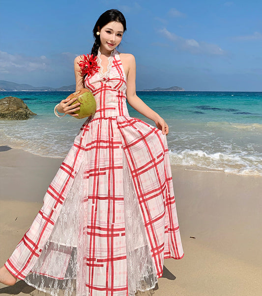 Red & White Plaid Halter Maxi Dress With Lace Panel
