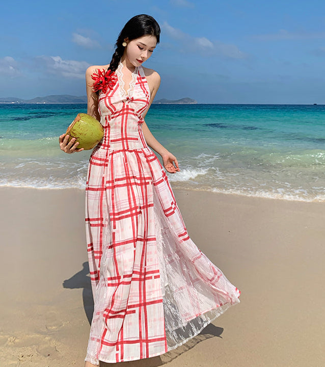 Red & White Plaid Halter Maxi Dress With Lace Panel