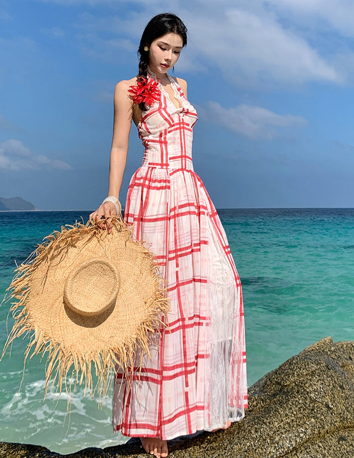 Red & White Plaid Halter Maxi Dress With Lace Panel