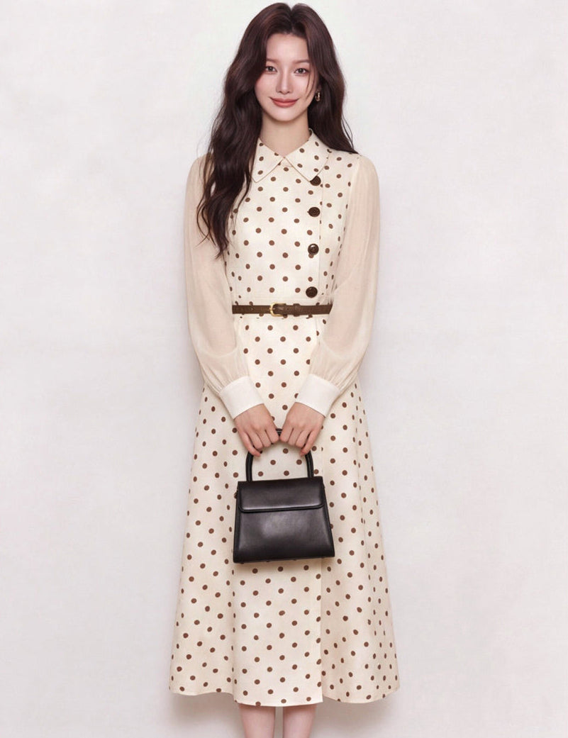 Retro Belted Polka Dot Dress with Chiffon Sleeves