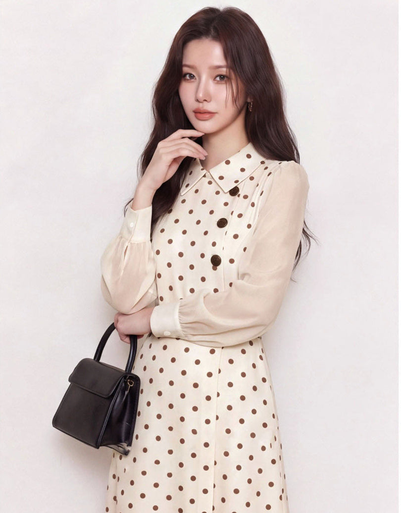 Retro Belted Polka Dot Dress with Chiffon Sleeves