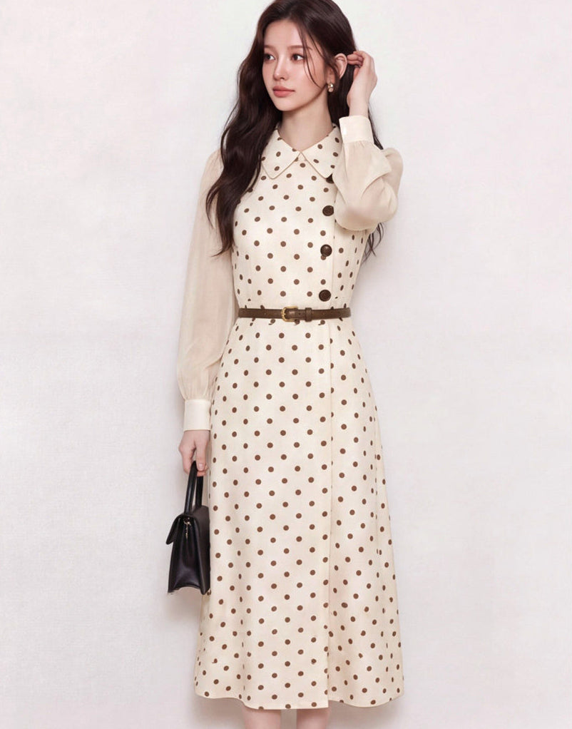 Retro Belted Polka Dot Dress with Chiffon Sleeves