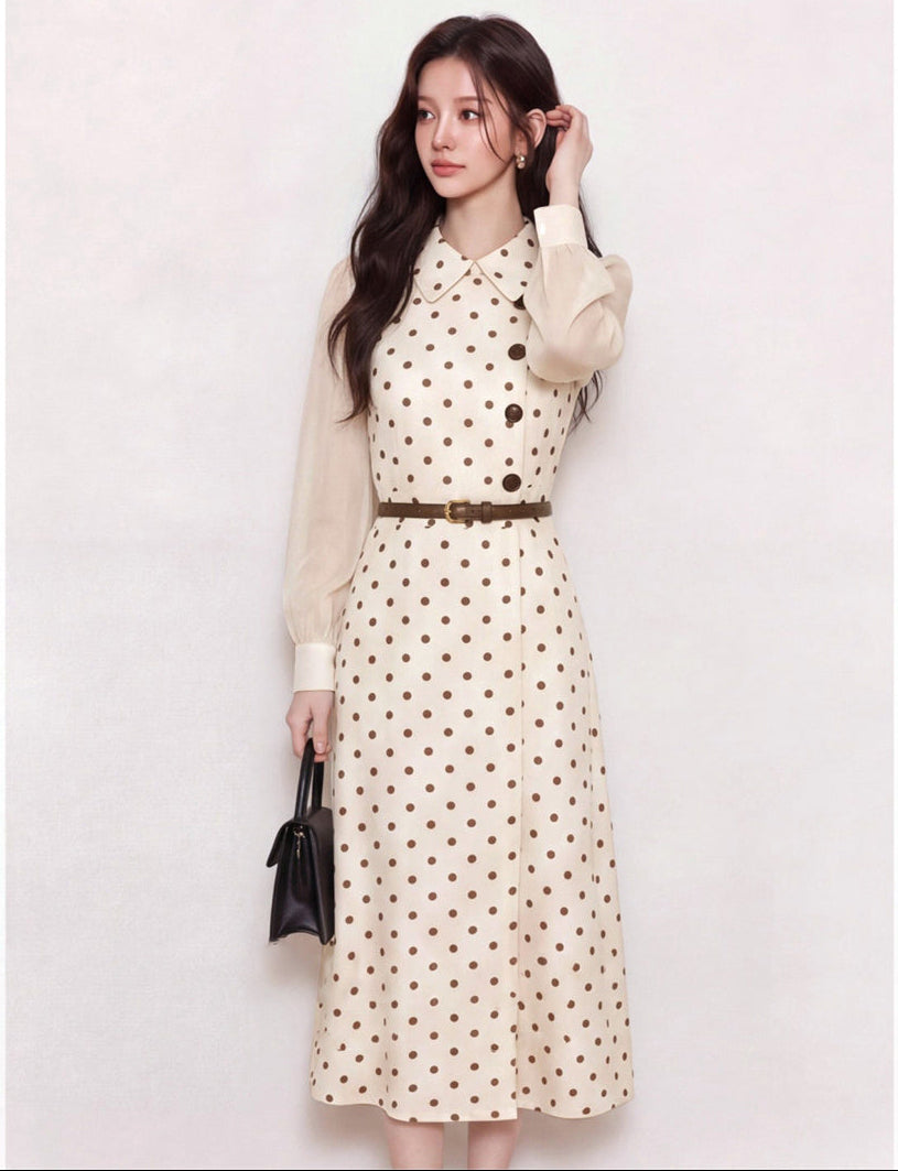 Retro Belted Polka Dot Dress with Chiffon Sleeves