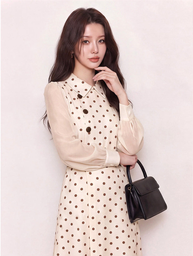 Retro Belted Polka Dot Dress with Chiffon Sleeves