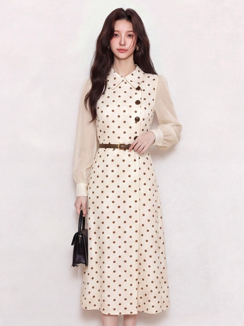 Retro Belted Polka Dot Dress with Chiffon Sleeves