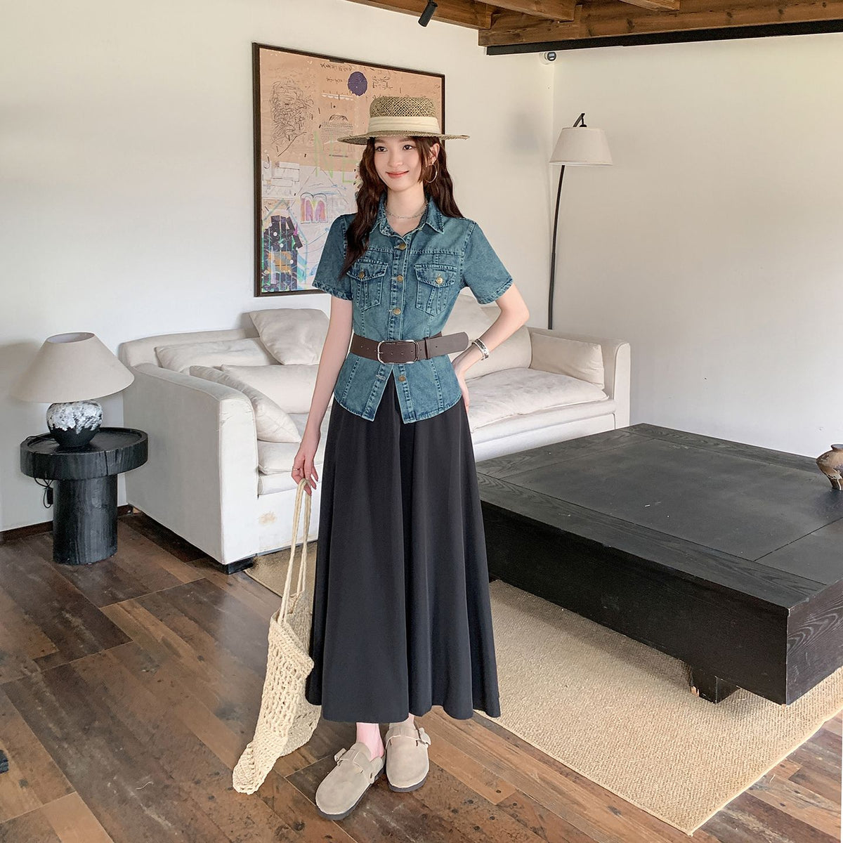 Retro Blue Denim Top & Flare Maxi Skirt Set