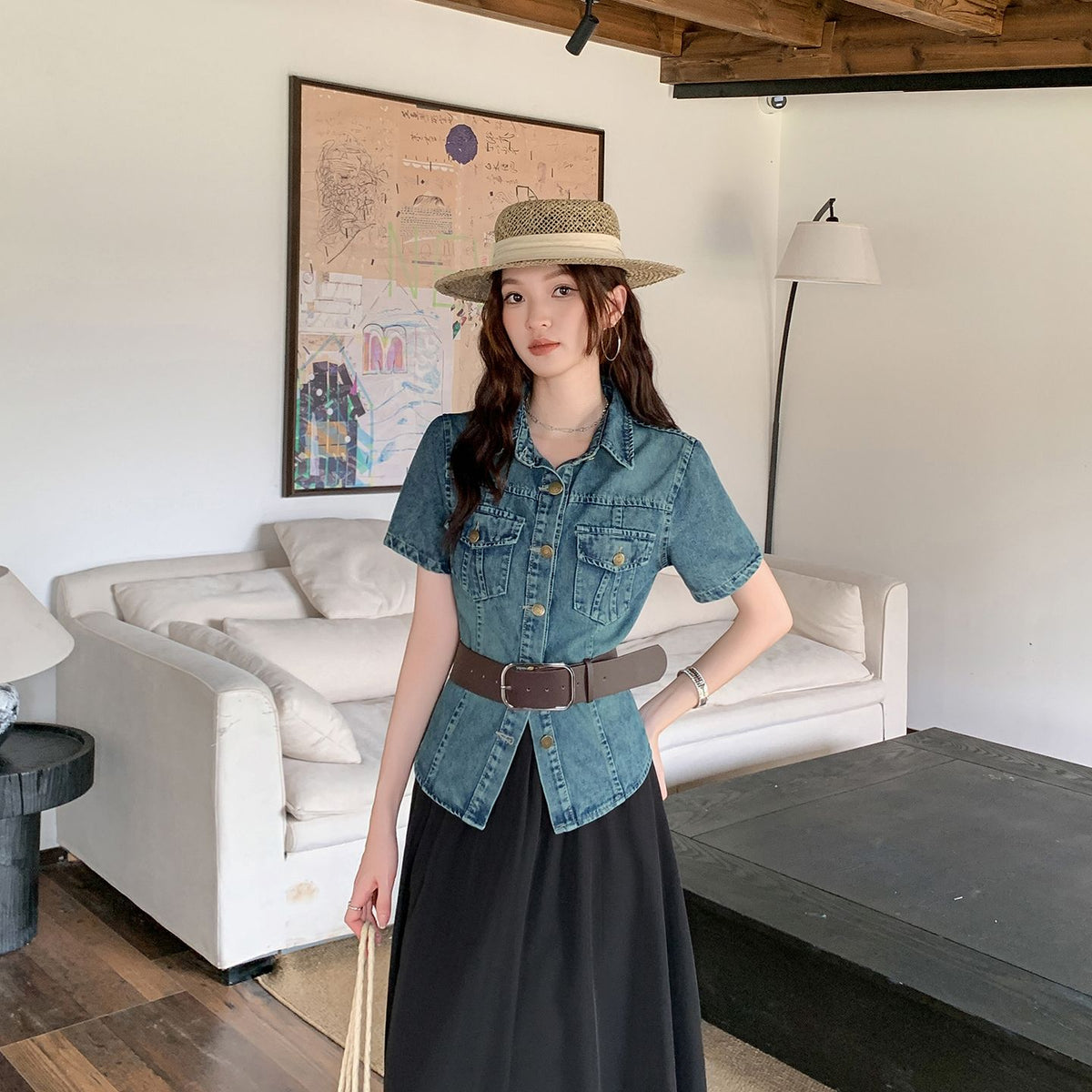 Retro Blue Denim Top & Flare Maxi Skirt Set