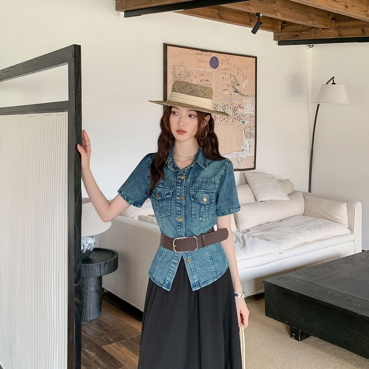 Retro Blue Denim Top & Flare Maxi Skirt Set