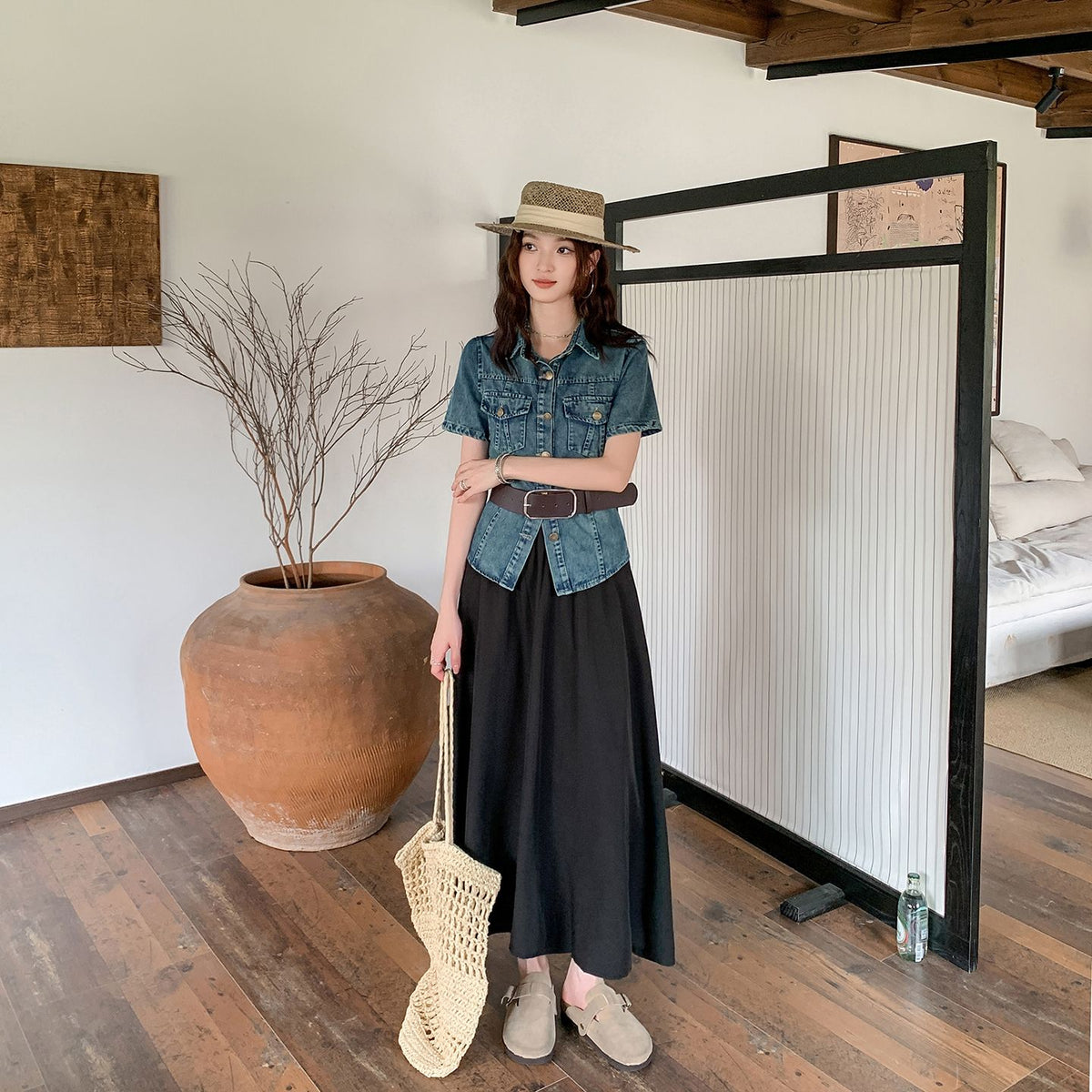 Retro Blue Denim Top & Flare Maxi Skirt Set