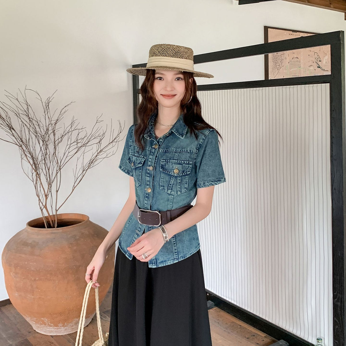 Retro Blue Denim Top & Flare Maxi Skirt Set