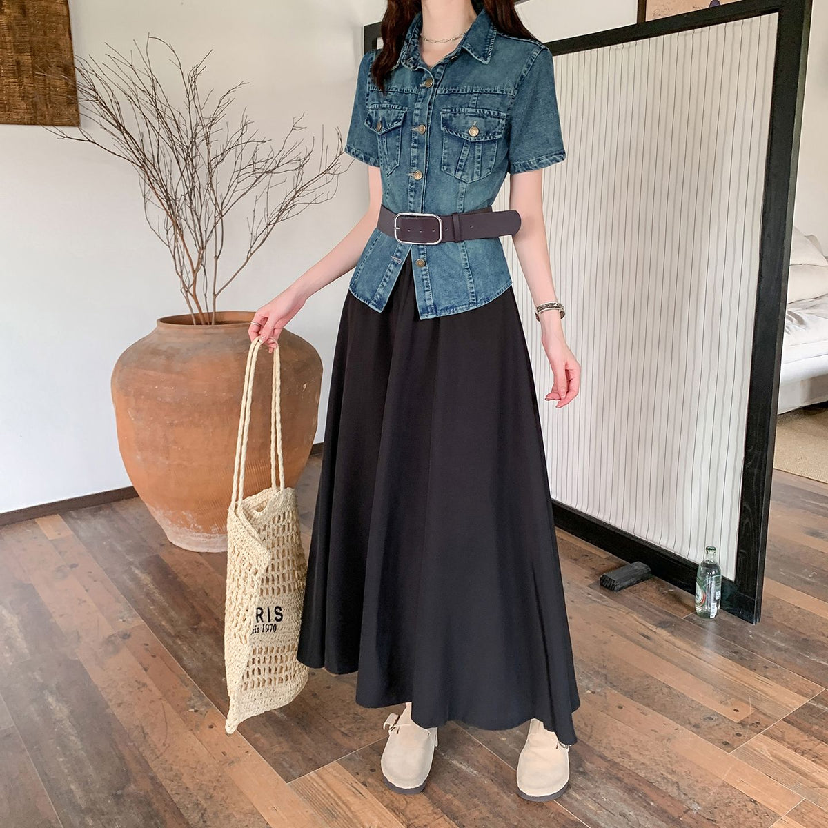Retro Blue Denim Top & Flare Maxi Skirt Set