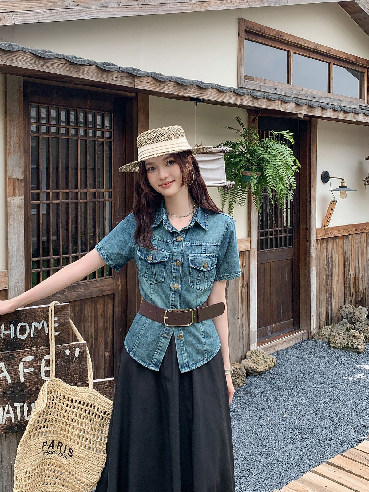 Retro Blue Denim Top & Flare Maxi Skirt Set