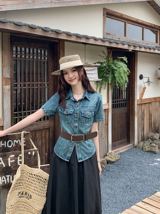 Retro Blue Denim Top & Flare Maxi Skirt Set