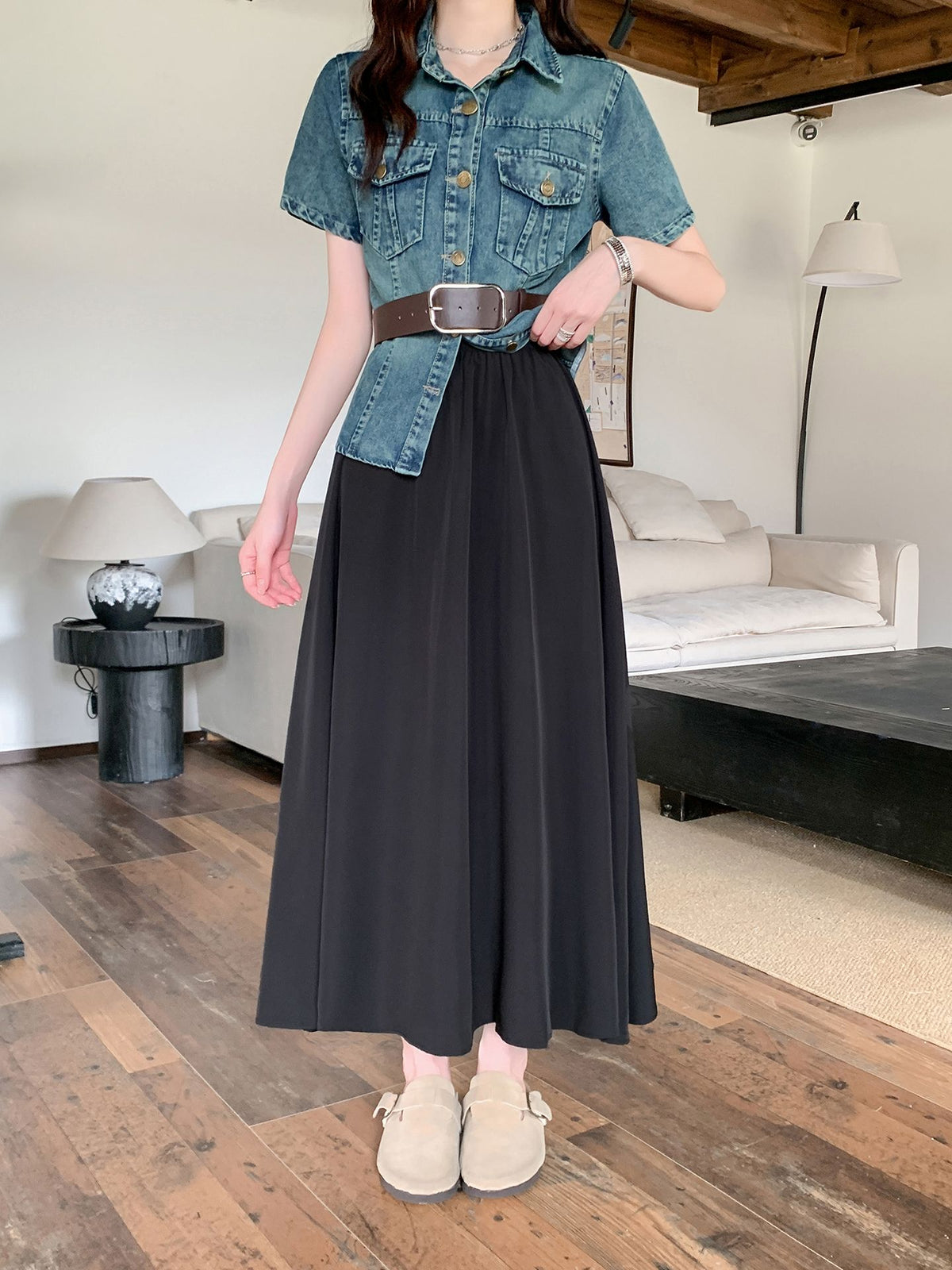 Retro Blue Denim Top & Flare Maxi Skirt Set
