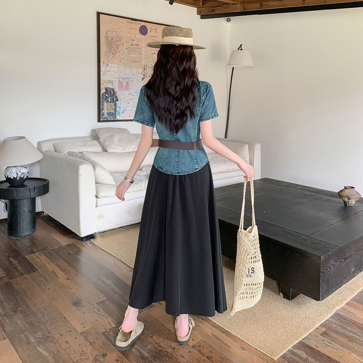Retro Blue Denim Top & Flare Maxi Skirt Set