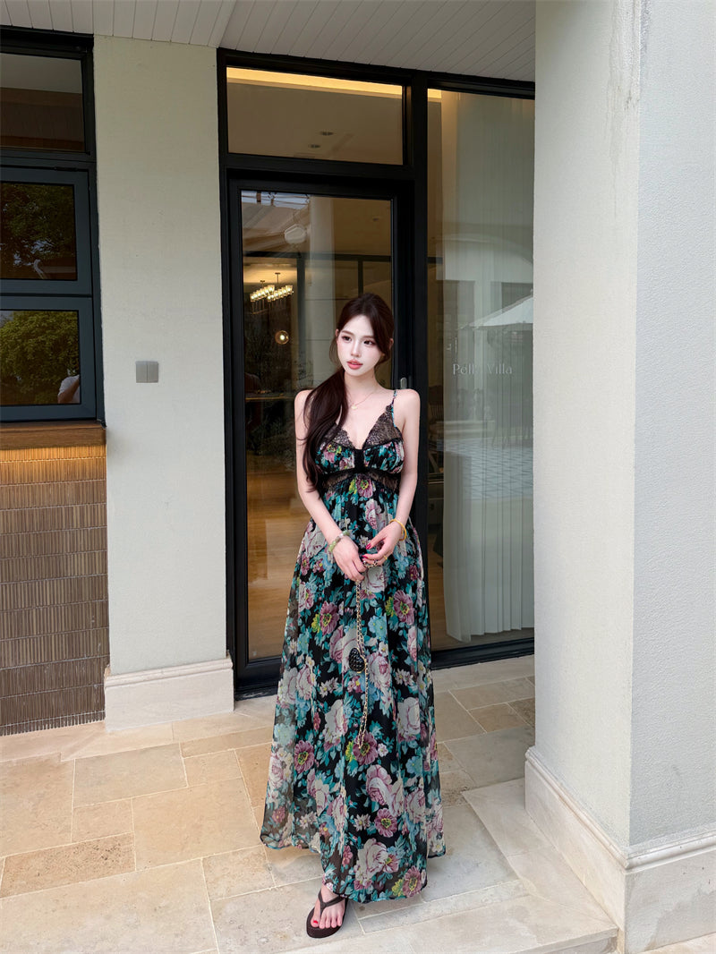 Retro Blue Floral Lace Deep V-Neck Spaghetti Strap Long Dress
