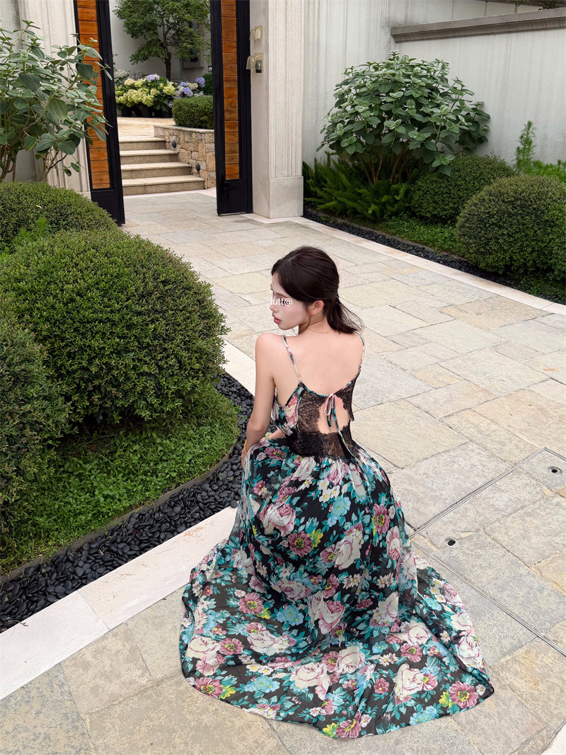 Retro Blue Floral Lace Deep V-Neck Spaghetti Strap Long Dress