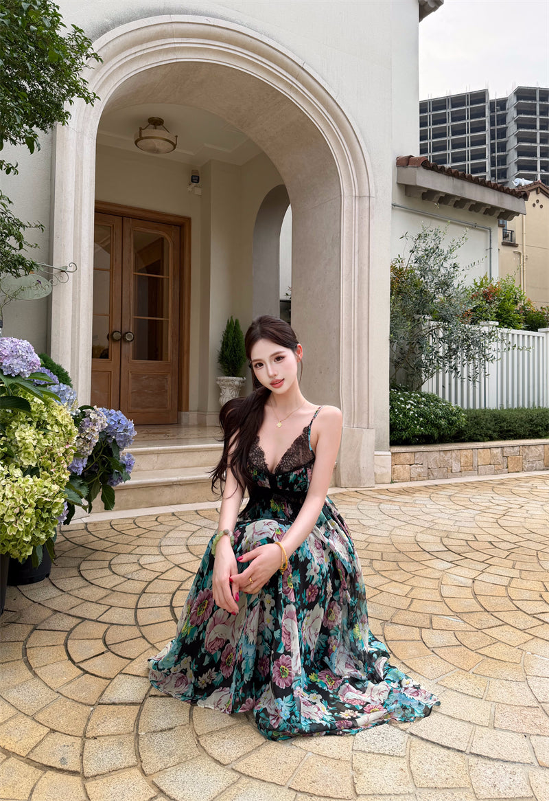 Retro Blue Floral Lace Deep V-Neck Spaghetti Strap Long Dress