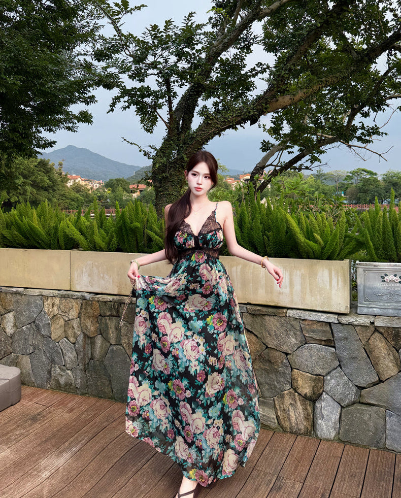 Retro Blue Floral Lace Deep V-Neck Spaghetti Strap Long Dress