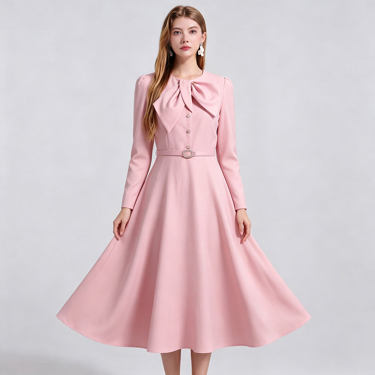Retro Bow Tie Neck Long Sleeve Midi Dress with Belt (Pink & Off-White)