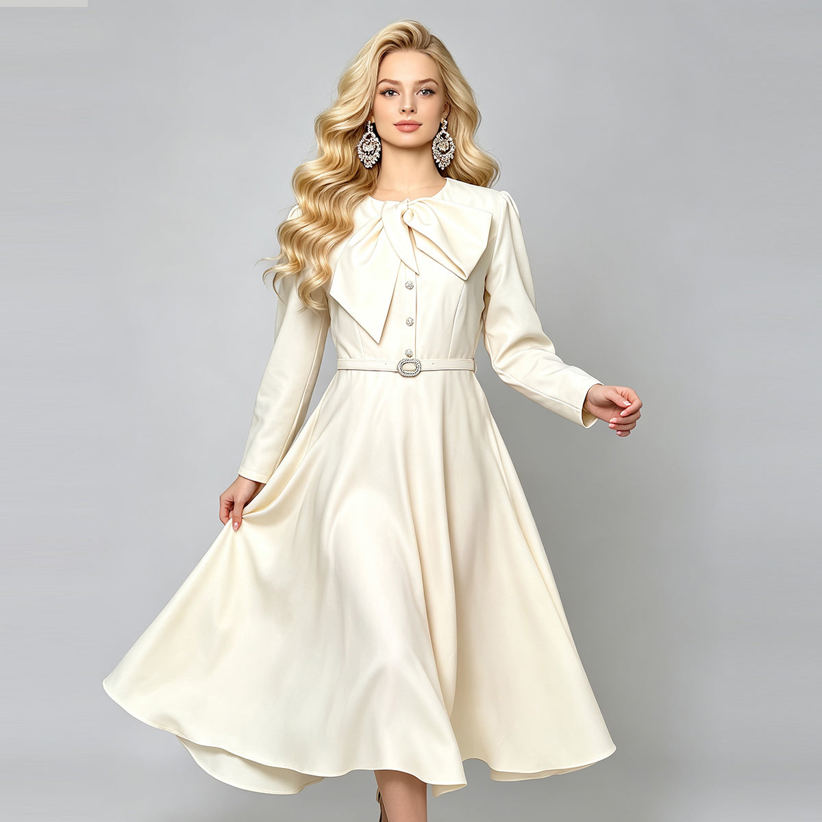 Retro Bow Tie Neck Long Sleeve Midi Dress with Belt (Pink & Off-White)