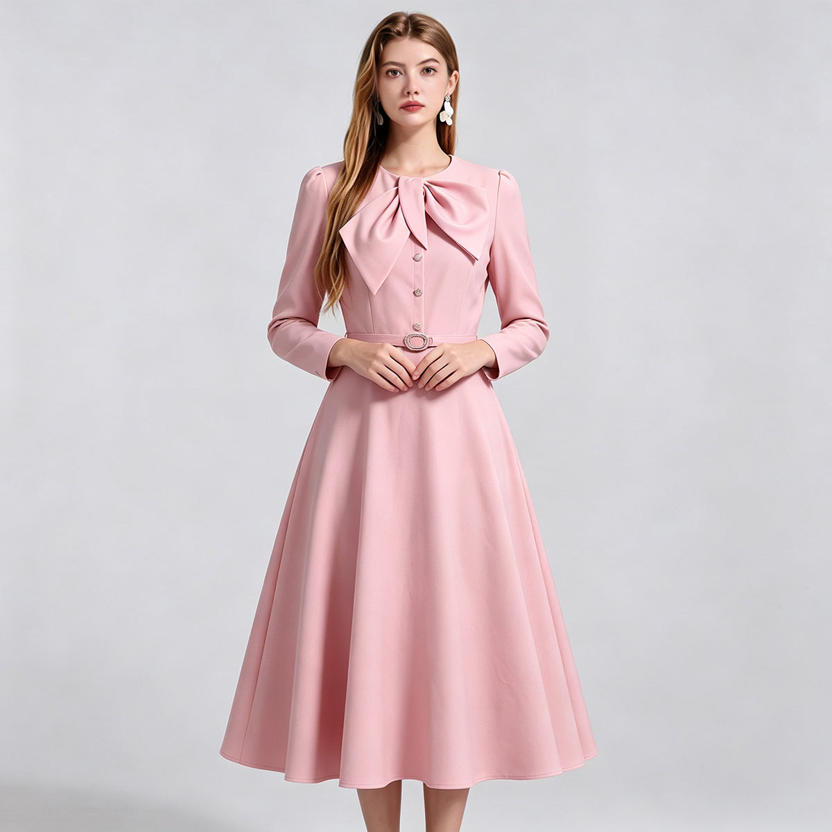 Retro Bow Tie Neck Long Sleeve Midi Dress with Belt (Pink & Off-White)