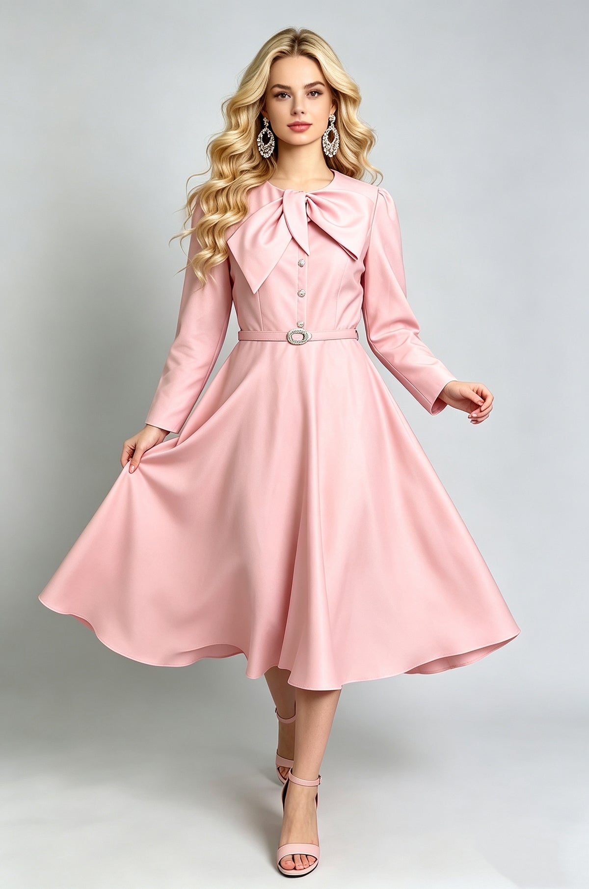 Retro Bow Tie Neck Long Sleeve Midi Dress with Belt (Pink & Off-White)