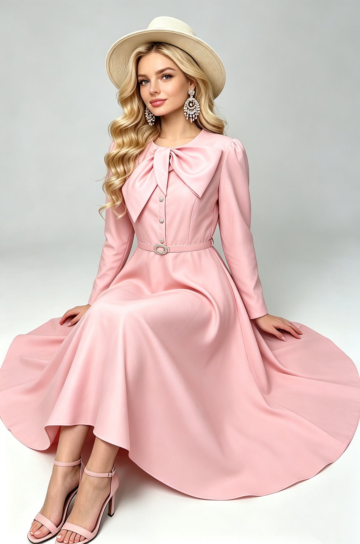 Retro Bow Tie Neck Long Sleeve Midi Dress with Belt (Pink & Off-White)