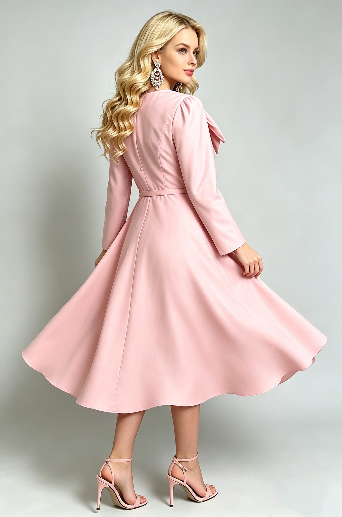 Retro Bow Tie Neck Long Sleeve Midi Dress with Belt (Pink & Off-White)