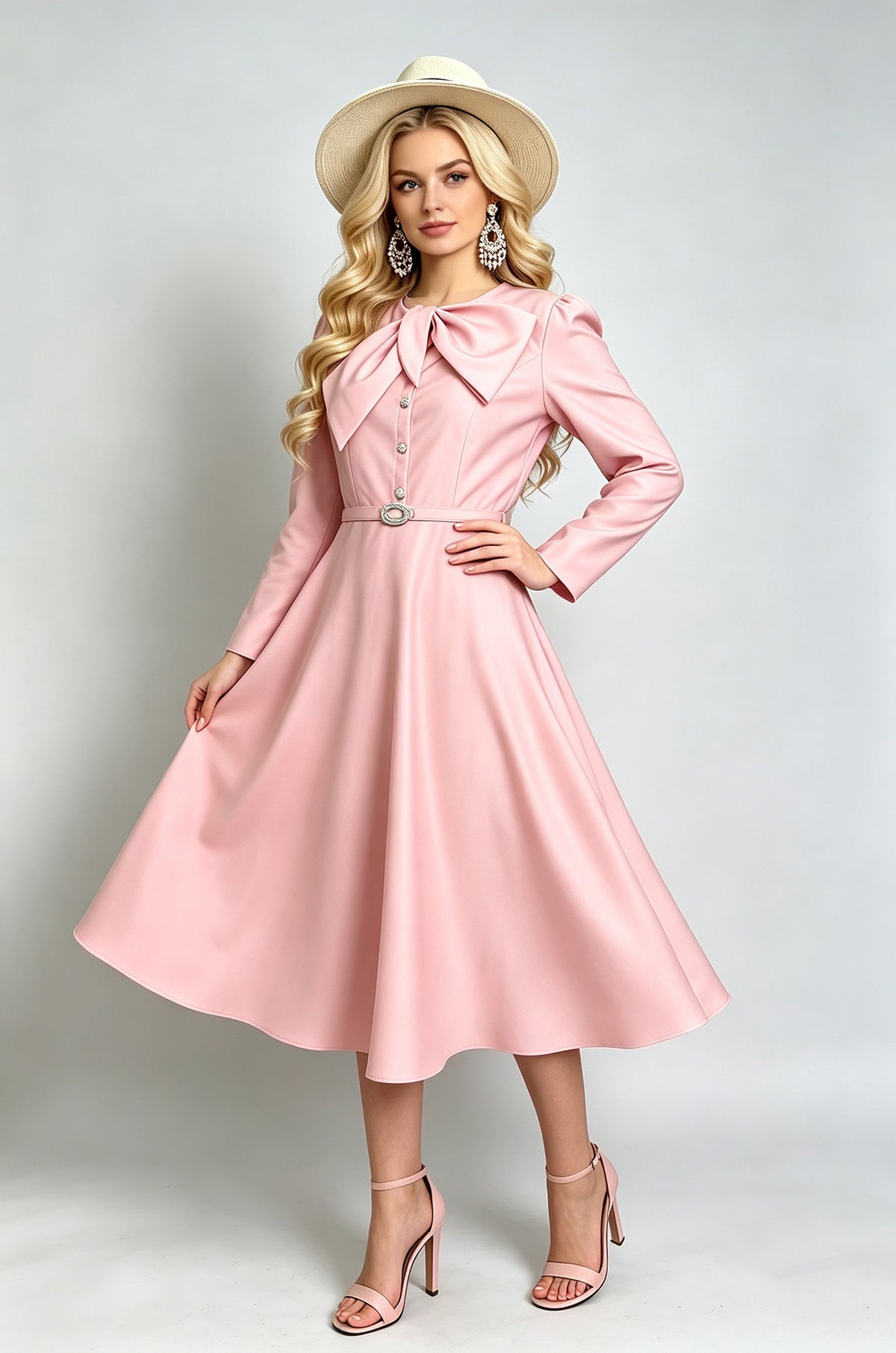 Retro Bow Tie Neck Long Sleeve Midi Dress with Belt (Pink & Off-White)