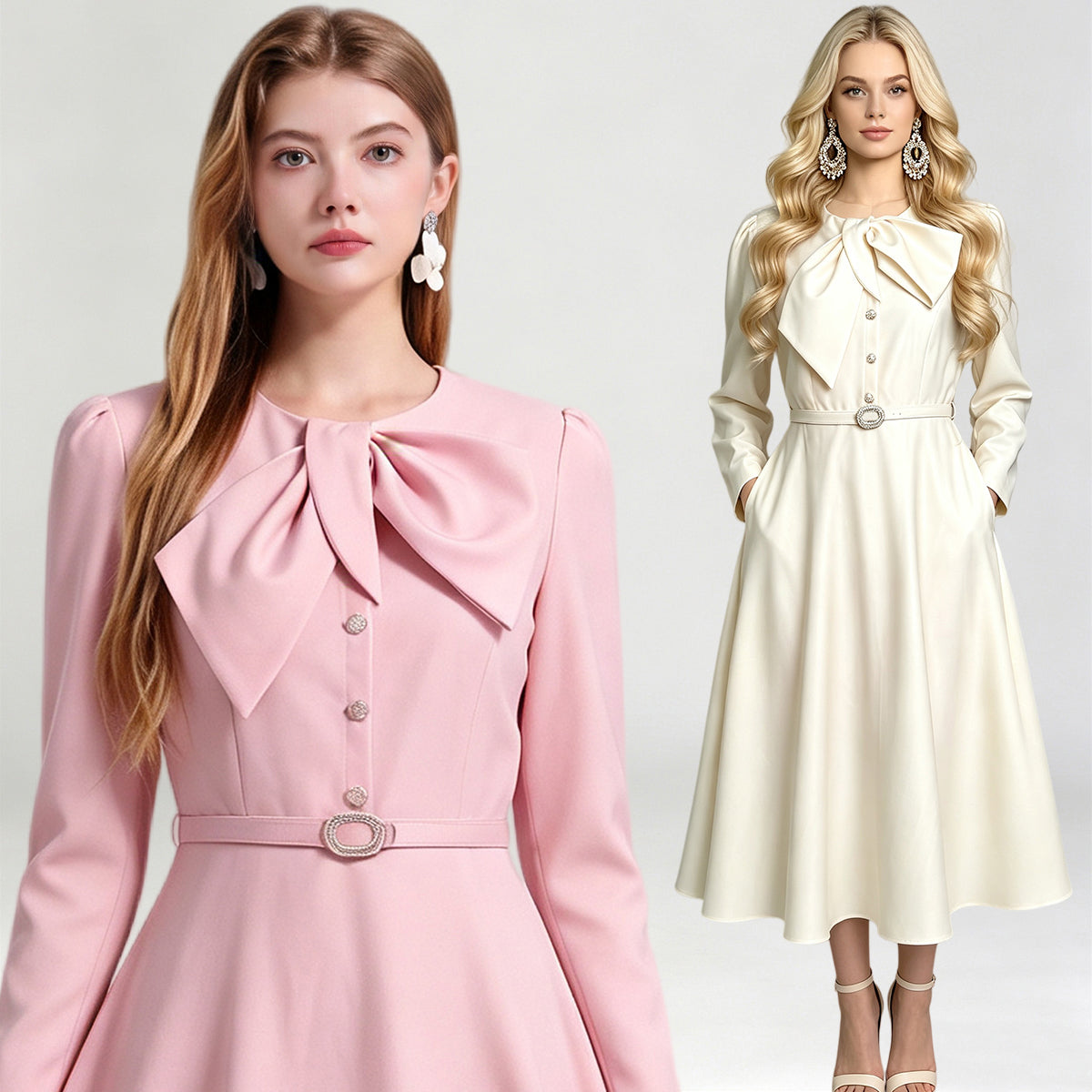 Retro Bow Tie Neck Long Sleeve Midi Dress with Belt (Pink & Off-White)