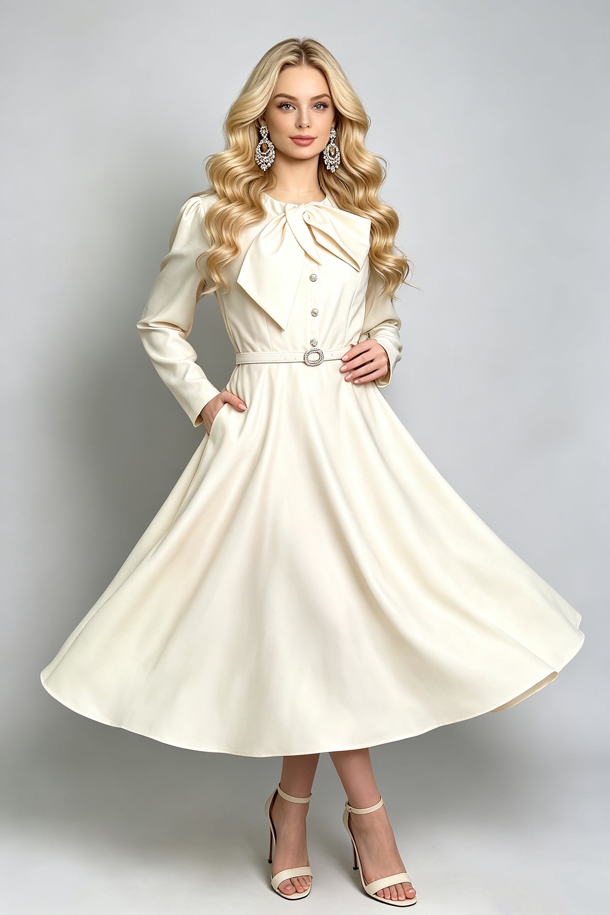 Retro Bow Tie Neck Long Sleeve Midi Dress with Belt (Pink & Off-White)