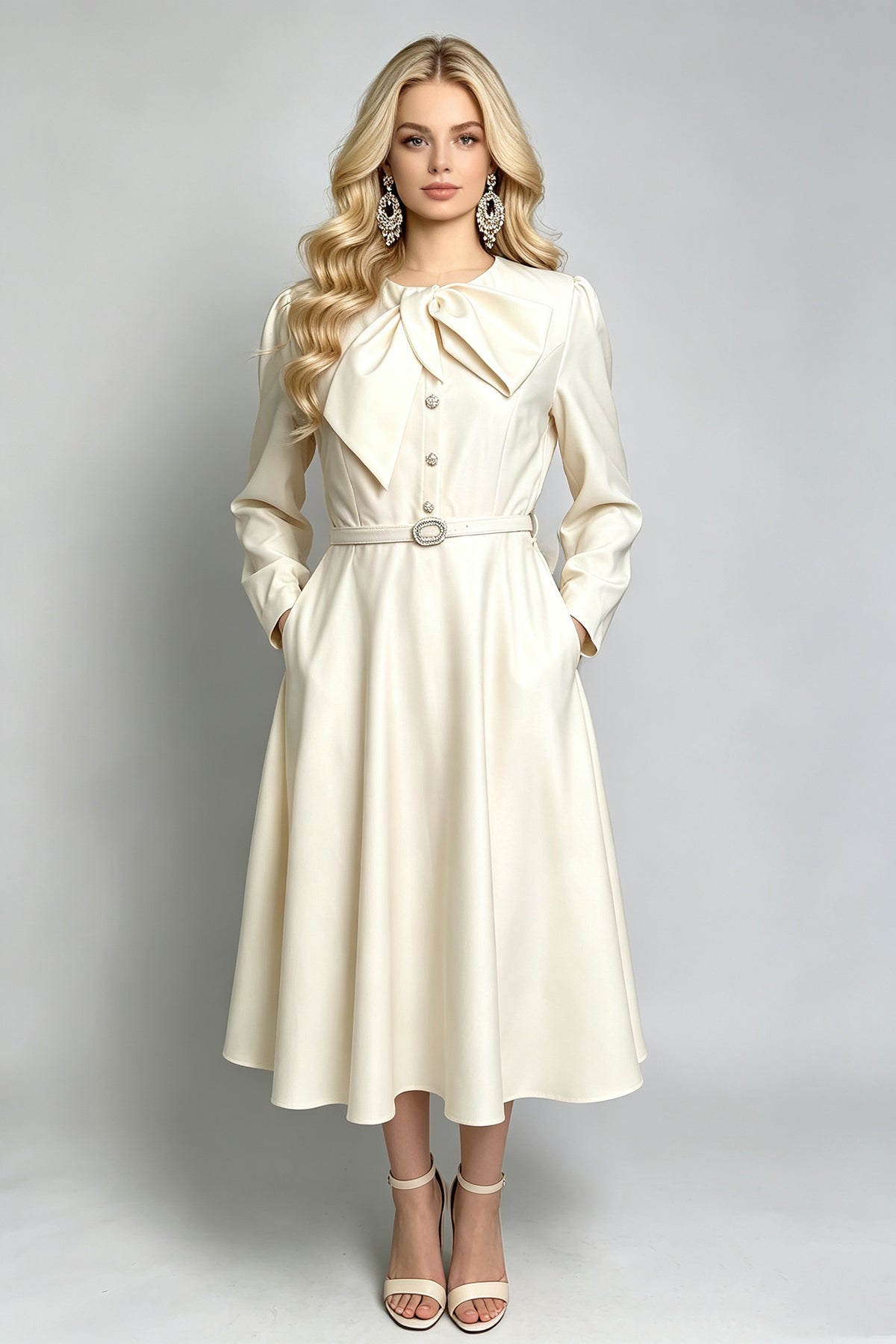 Retro Bow Tie Neck Long Sleeve Midi Dress with Belt (Pink & Off-White)