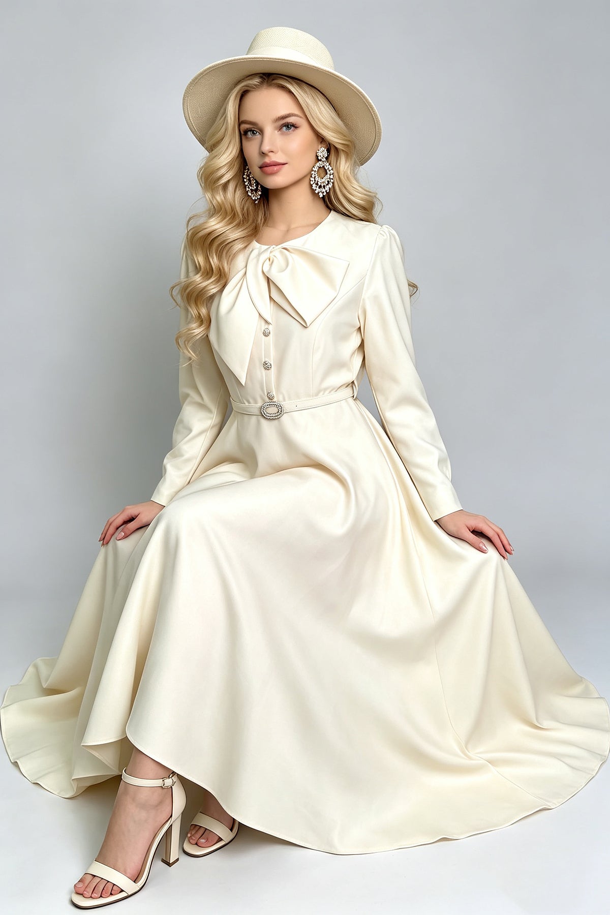 Retro Bow Tie Neck Long Sleeve Midi Dress with Belt (Pink & Off-White)