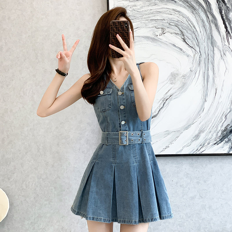 Retro Denim V-Neck Belted Tennis-Style Dress