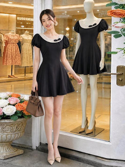 Retro Puff-Sleeve Bow Detail Flare Dress