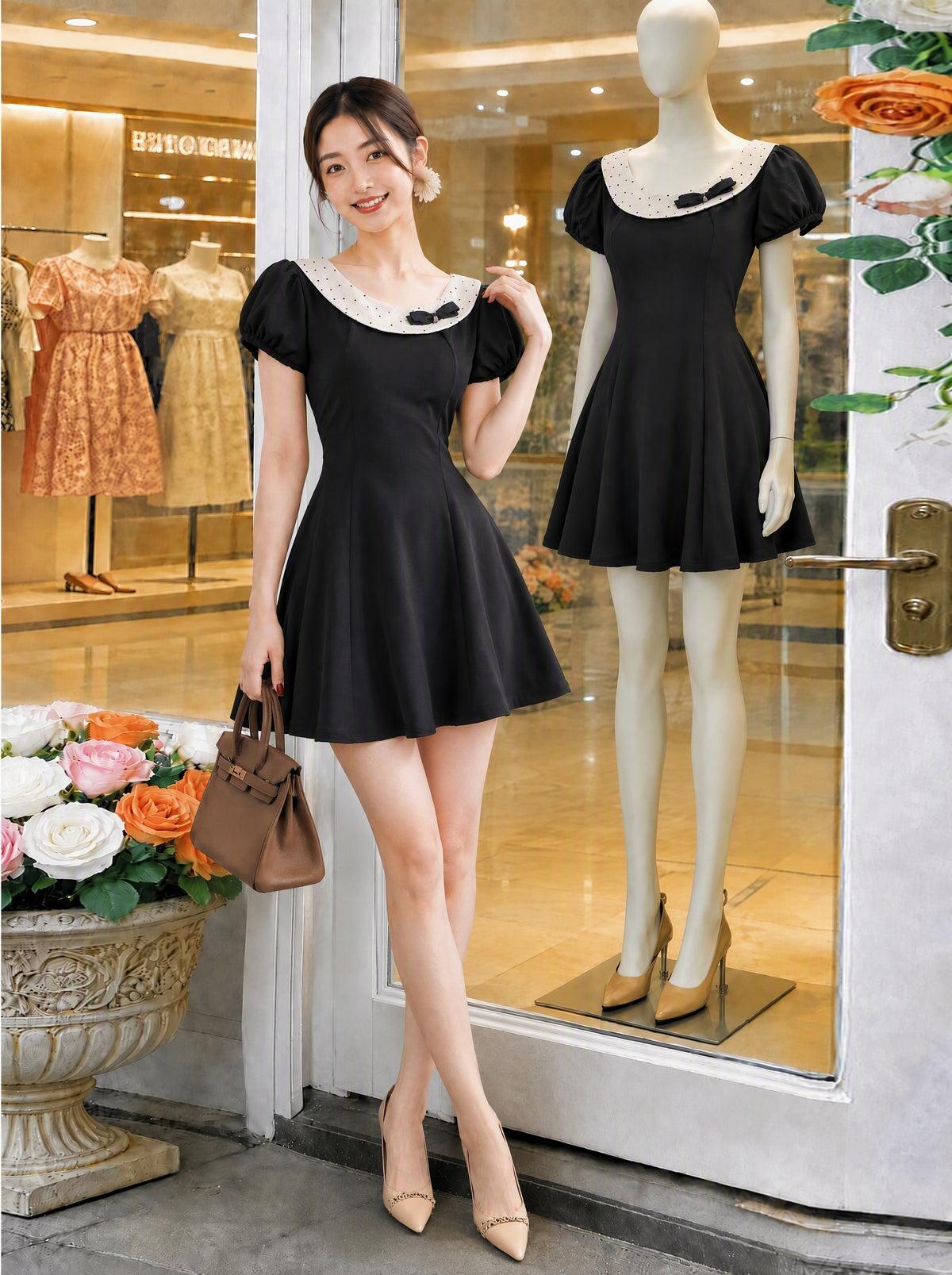 Retro Puff-Sleeve Bow Detail Flare Dress
