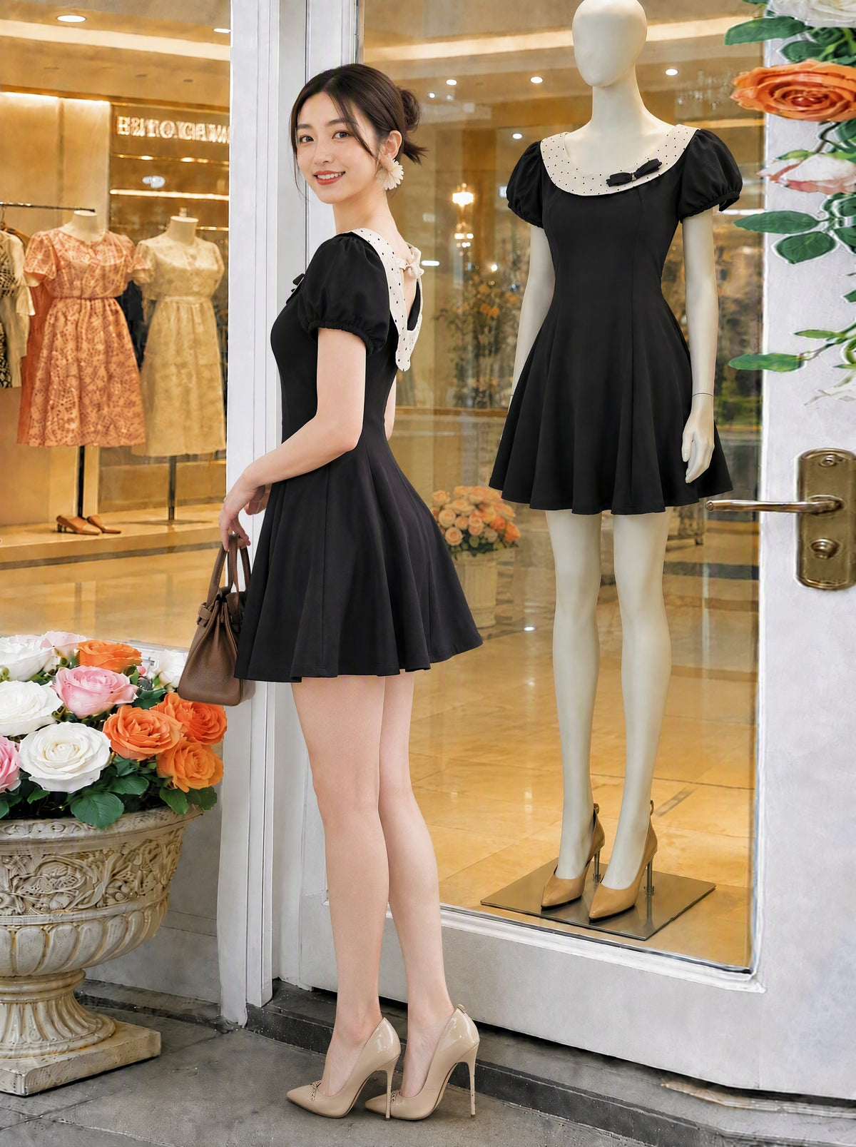 Retro Puff-Sleeve Bow Detail Flare Dress