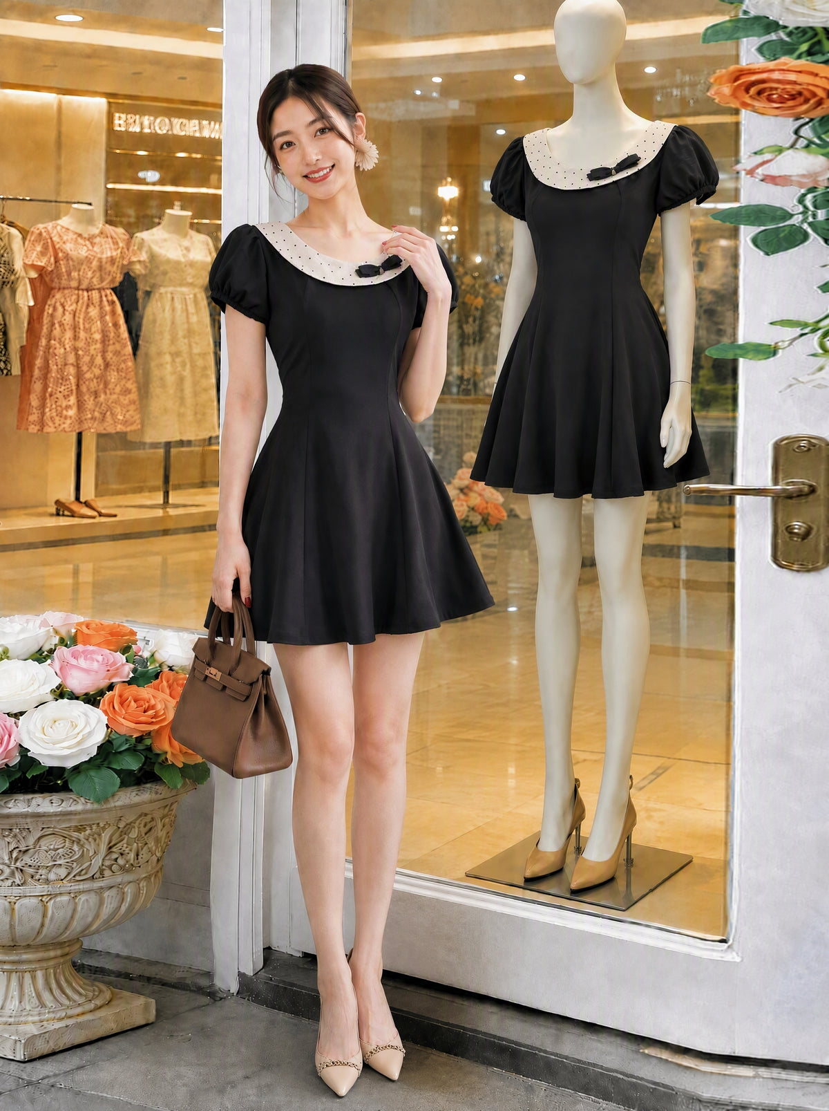 Retro Puff-Sleeve Bow Detail Flare Dress