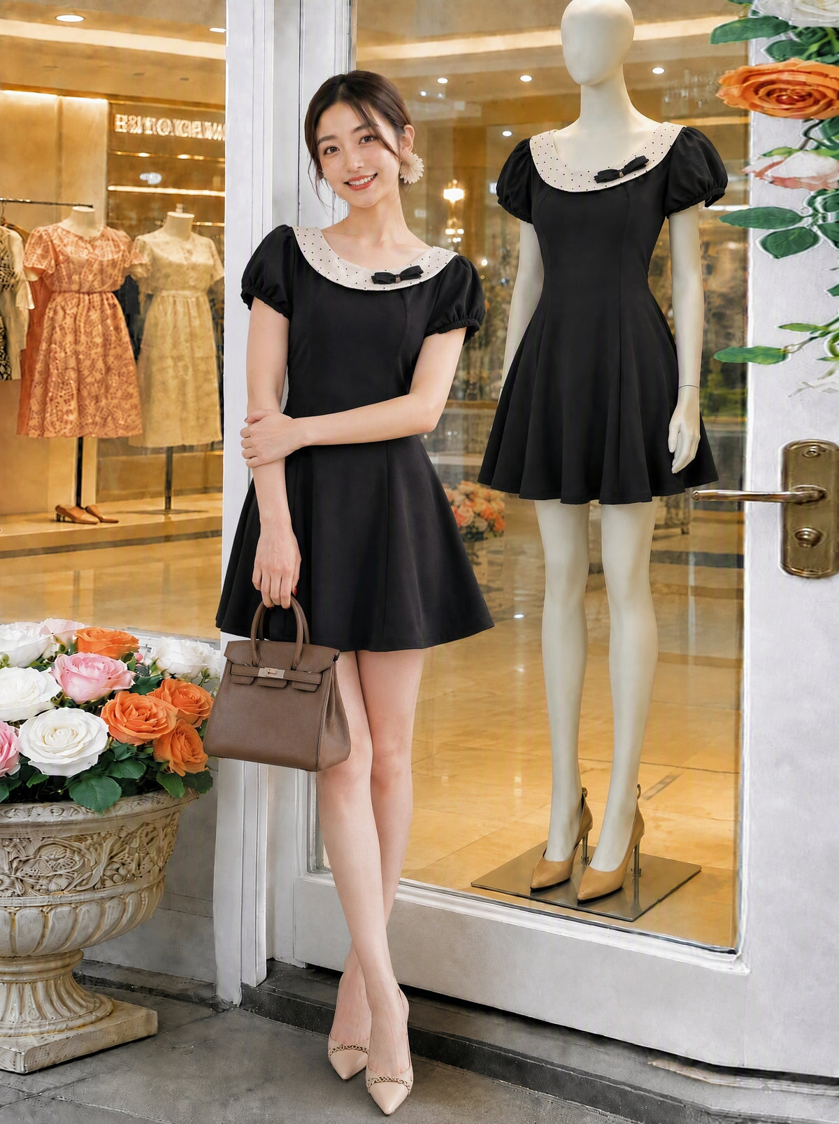 Retro Puff-Sleeve Bow Detail Flare Dress