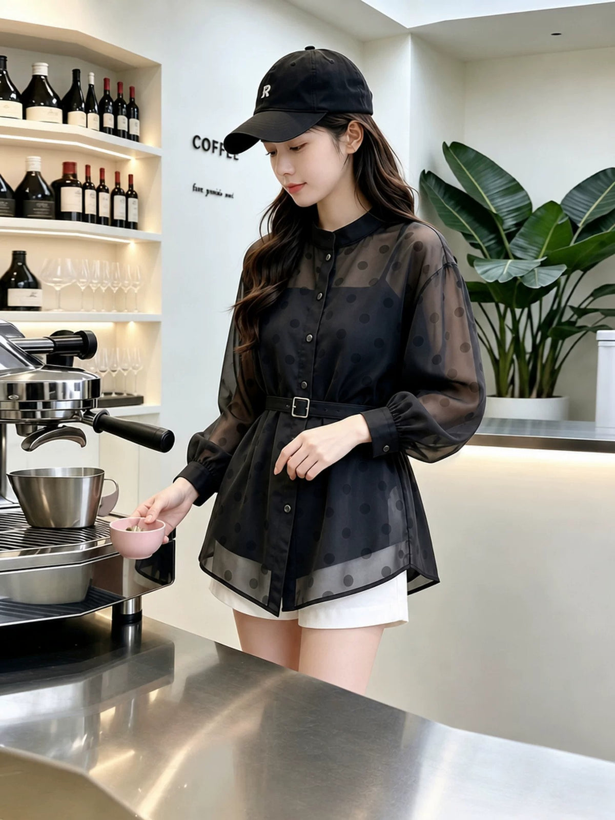 Retro Sheer Organza Polka Dot Stand-Collar Top