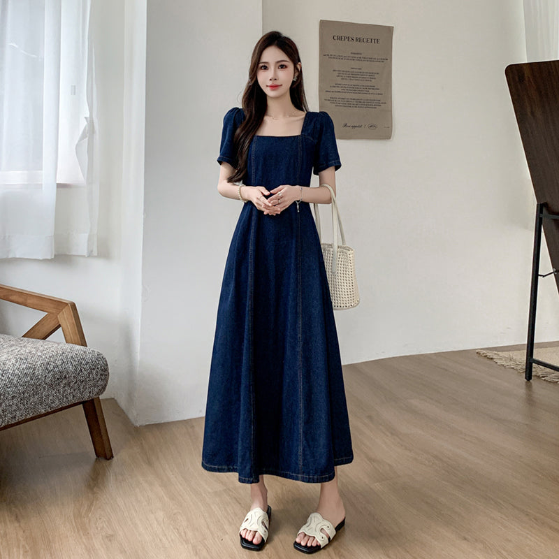 Retro Square Neck Denim Maxi Dress with Puff Sleeves