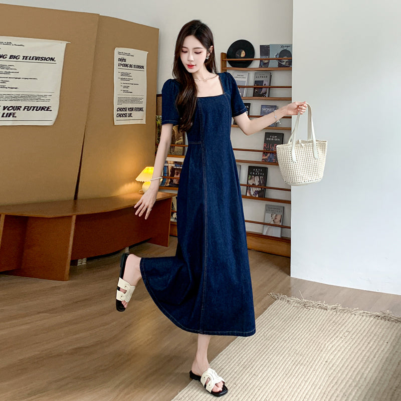 Retro Square Neck Denim Maxi Dress with Puff Sleeves